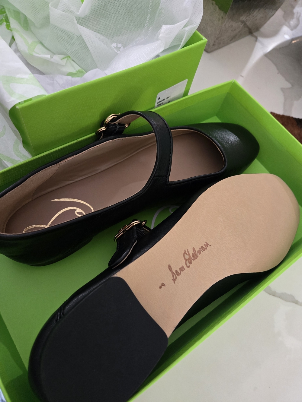 Sam Edelman Black Leather Mary Jane Flats with Gold Buckle